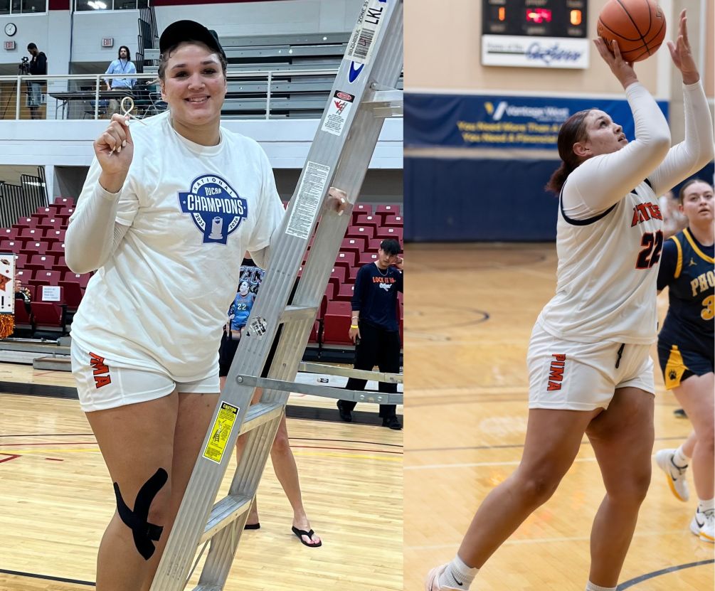 Photo: Side-by-side images of Kiley Sours-Miller in a gym setting. On the left, she smiles while holding a piece of the net and standing beside a ladder, wearing a white &ldquo;Champions&rdquo; shirt and shorts. On the right, she is in game action, going up for a shot in a white Pima jersey as a defender contests behind her.