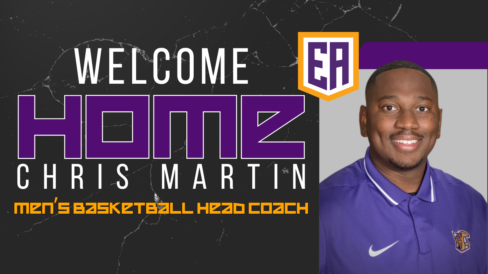 Photo: Graphic announcing the hiring of Chris Martin as Eastern Arizona College's new men's basketball head coach. The design features a dark textured background with large white text reading "WELCOME" above bold purple "HOME." Chris Martin's name appears below in white, with "Men's Basketball Head Coach" in gold across the bottom. On the right is a headshot of Martin wearing a purple polo with the Eastern Arizona logo, alongside the school's EA shield logo at the top.
