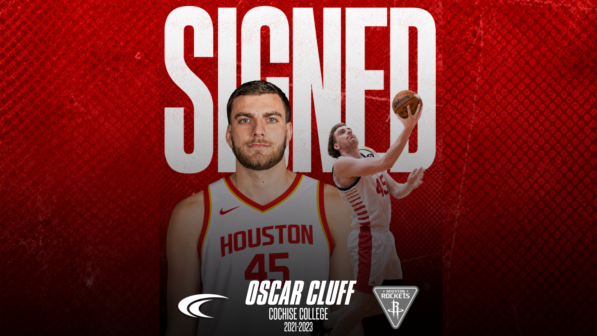 Photo: Graphic announcing Oscar Cluff has signed with the Houston Rockets. It features a portrait of Cluff in a Rockets jersey alongside an action photo from his Cochise College career, with "SIGNED" displayed prominently on a red background.
