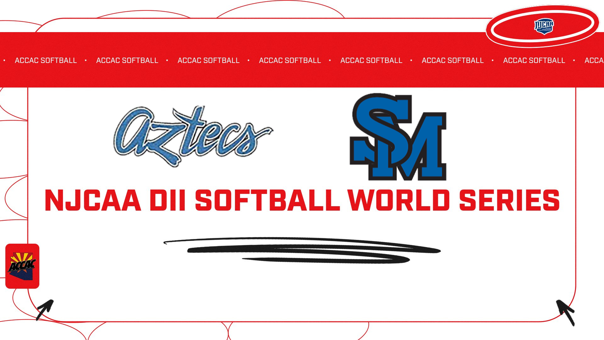 Photo: Graphic promoting ACCAC softball teams competing at the NJCAA Division II Softball World Series. The graphic features the Pima Aztecs logo on the left and the South Mountain Cougars &ldquo;SM&rdquo; logo on the right above bold red text reading &ldquo;NJCAA DII Softball World Series.&rdquo; A red ACCAC softball banner runs across the top with NJCAA branding in the upper right corner. The background is light gray with red outlined design accents and black brush stroke graphics near the bottom center.
